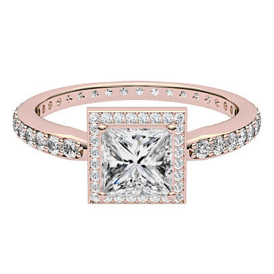 Simple Flat Princess Solitaire halo Full diamond band 4 Prongs
