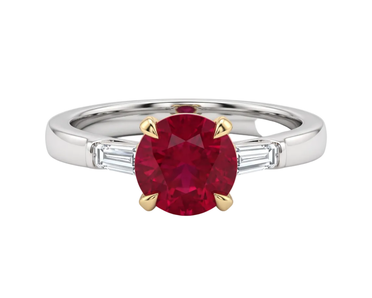 Round Ruby Baguette Diamond 18K White and Yellow G