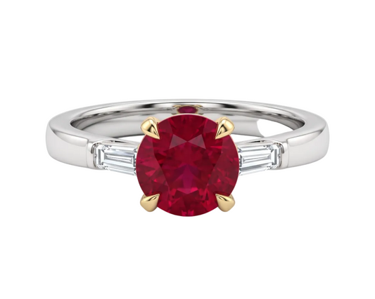 Round Ruby Baguette Diamond 18K White and Yellow G